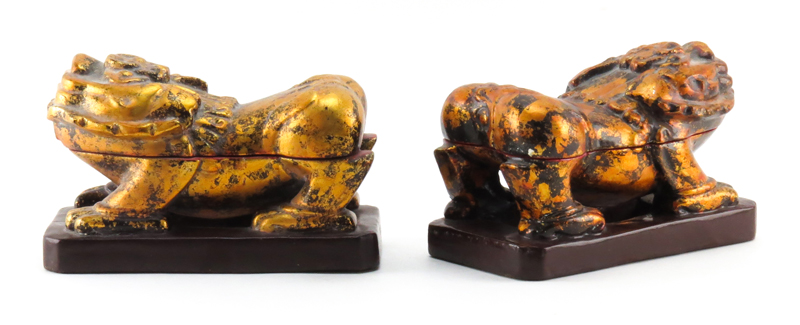 Pair of Chinese Wood Carved Gilt Painted Foo Dog Covered Boxes