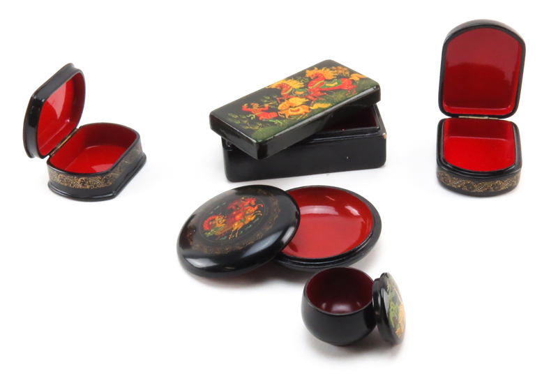 Grouping of Five (5) Vintage Russian Lacquered Wooden Boxes