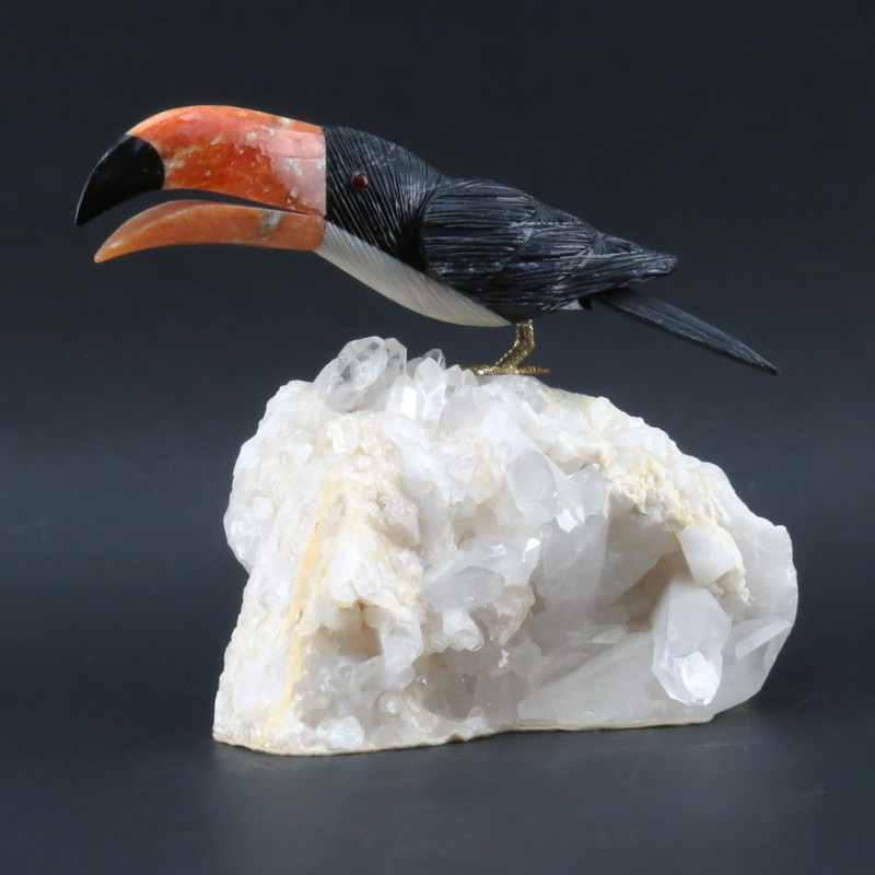 Attributed to: Eberhardt Bank, German (20th century) Carved Gemstone Toucan Sculpture on Quartz Base