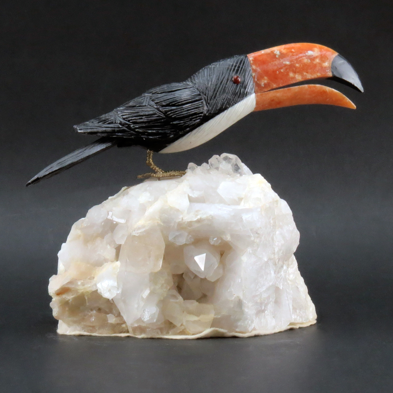 Attributed to: Eberhardt Bank, German (20th century) Carved Gemstone Toucan Sculpture on Quartz Base