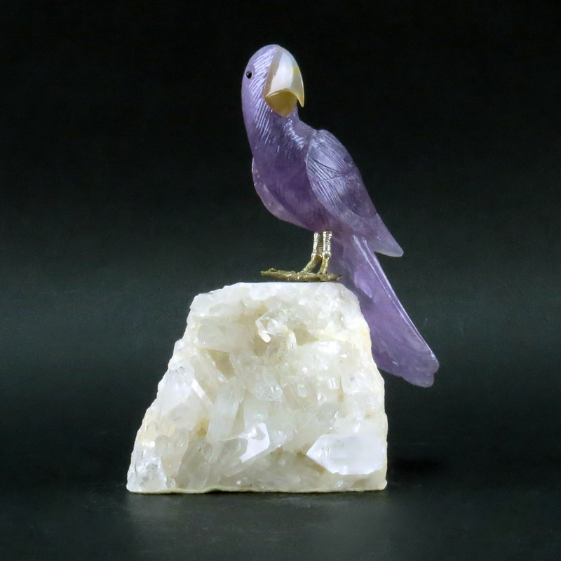 Attributed to: Eberhardt Bank, German (20th century) Carved Amethyst Parrot Sculpture on Quartz Base