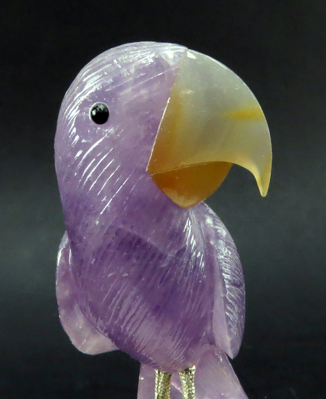 Attributed to: Eberhardt Bank, German (20th century) Carved Amethyst Parrot Sculpture on Quartz Base
