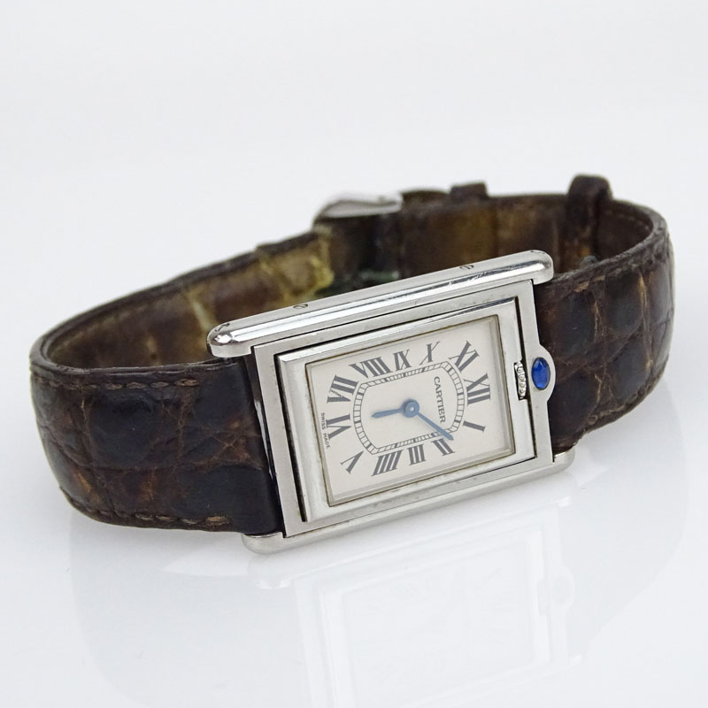 Cartier Tank Buscalante 2405 Stainless Steel Watch with Quartz Movement and Crocodile Strap