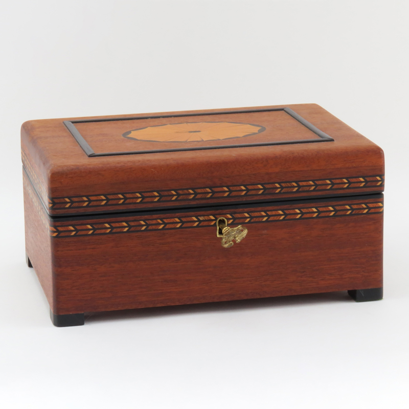 Antique style Inlaid Mahogany Jewelry Box with Fitted Velvet Lined Interior