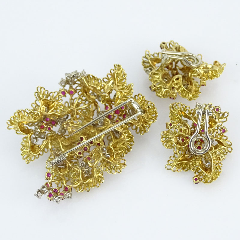 Vintage 18 Karat Yellow Gold, Approx. 3.0 Carat Round Brilliant Cut Diamond and Burma Ruby Brooch and Earring Suite.