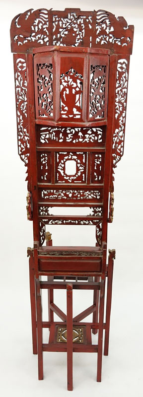 Antique Chinese Open Carved Two Drawer Painted Ceremonial Stand