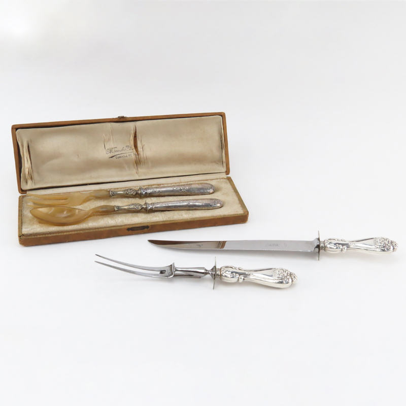 English Two (2) Part Carving Set with Sterling Silver Handles together with a French Two (2) Part Salad Servers with Sterling Handles and Horn in fitted box