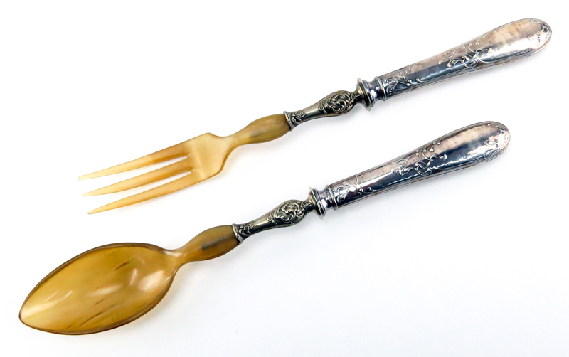 English Two (2) Part Carving Set with Sterling Silver Handles together with a French Two (2) Part Salad Servers with Sterling Handles and Horn in fitted box