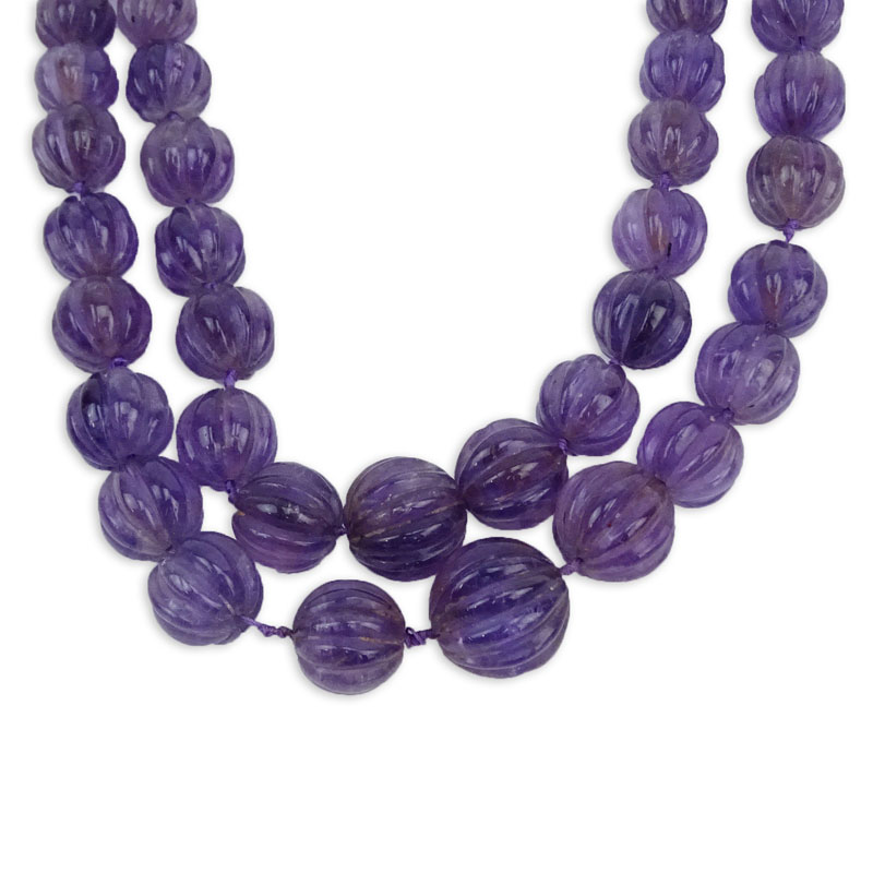 Vintage Double Strand Graduated Carved Amethyst Bead and Sterling Silver Necklace