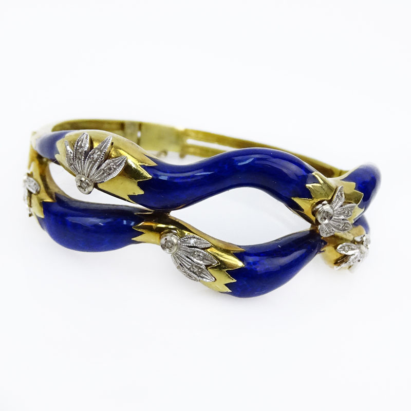 Vintage Italian Enameled 18 Karat Yellow Gold Hinged Bangle Bracelet with Small Diamond Accents