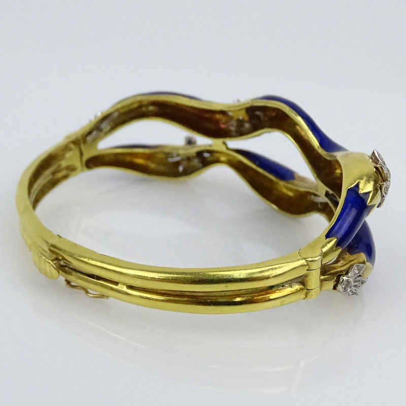 Vintage Italian Enameled 18 Karat Yellow Gold Hinged Bangle Bracelet with Small Diamond Accents
