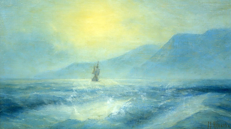 19/20th Century Russian Oil on Canvas, Ship in the Evening Light