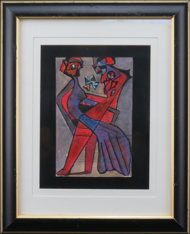 Attributed to: Alexander Archipenko, American/Ukrainian (1887-1964) Gouache and Ink on Book Plate, Two Abstract Figures