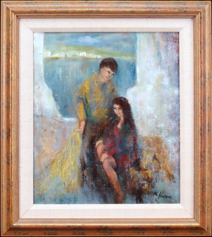 Nadine Hoskins, American (1912-2010) "Love in Mykanos" Oil on Board Signed Lower Right