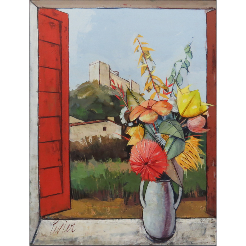 Charles Levier, French  (1920-2003) "Fleurs Devant un Chateau" Oil on Canvas Signed Lower Left