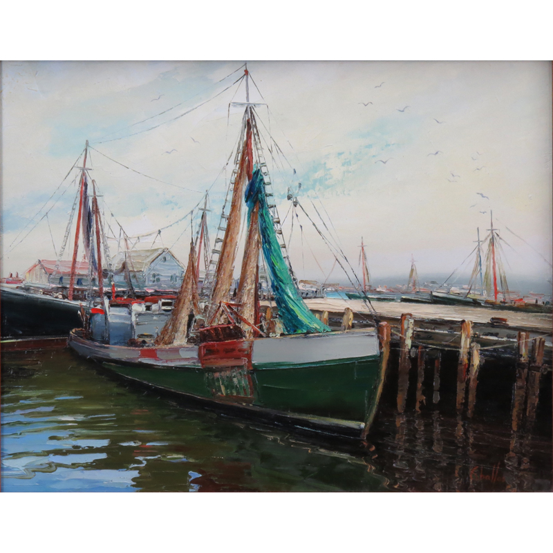 Rufino Ceballos, Spanish (1907-1970) Oil on Canvas "Boats in Port" Signed Lower Right