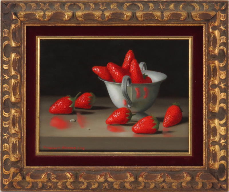 Randolph Brooks, American (20th century) "Strawberries in a Cup" Still Life Oil on Masonite Signed Lower Left