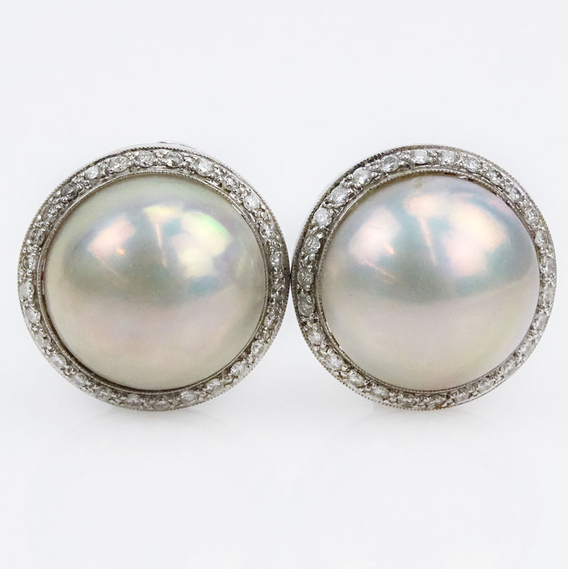 Vintage 18 Karat White Gold, Mabe Pearl and Round Brilliant Cut Diamond Clip Earrings