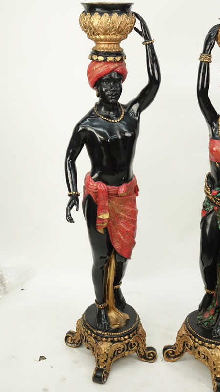 20th Century Pair of Cold Painted Bronze Blackamoors on Parcel Gilt Pedestal Bases