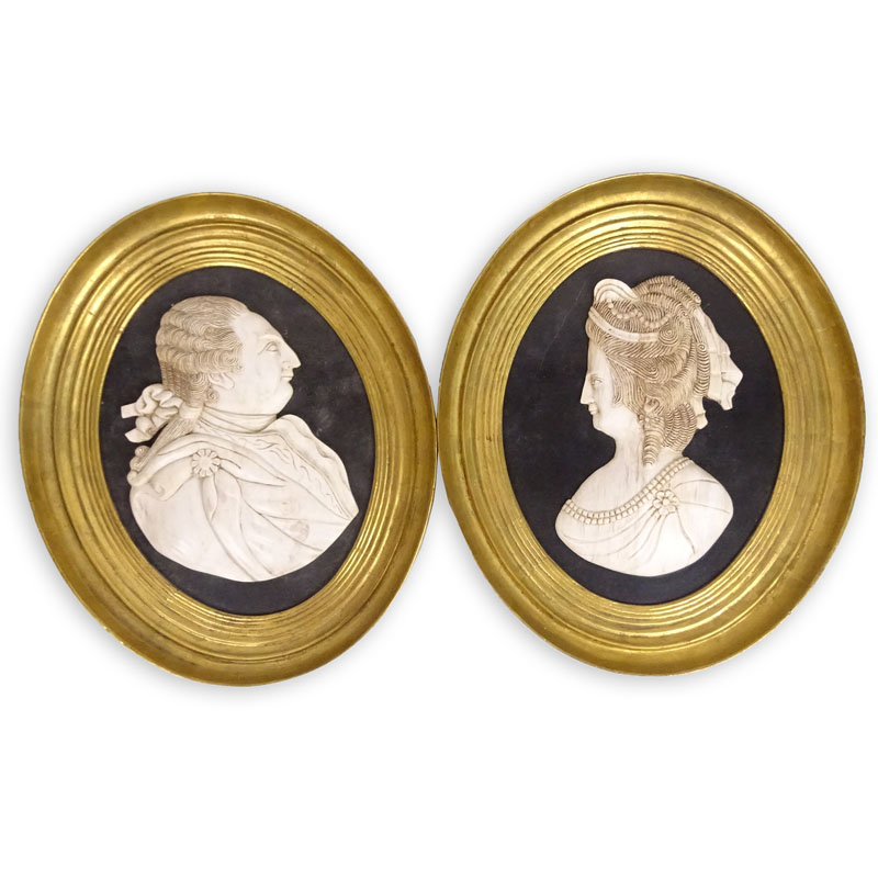 Pair of 20th Century Framed Carved Marble Relief Portrait Plaques, George and Martha Washington