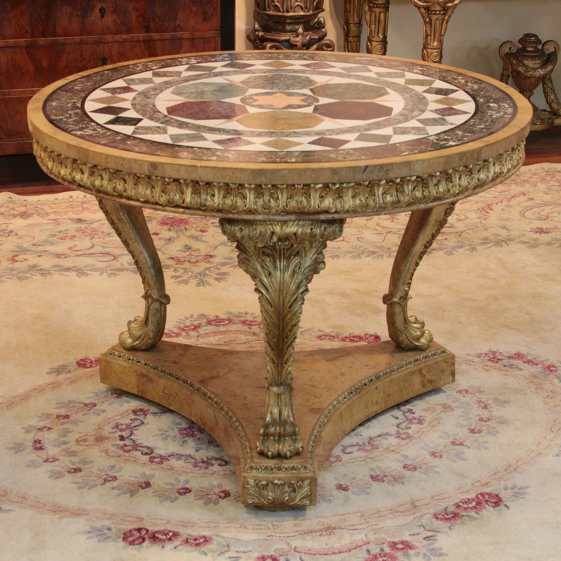 Modern Regency Style Giltwood Specimen Marble and Scagliola Center Table