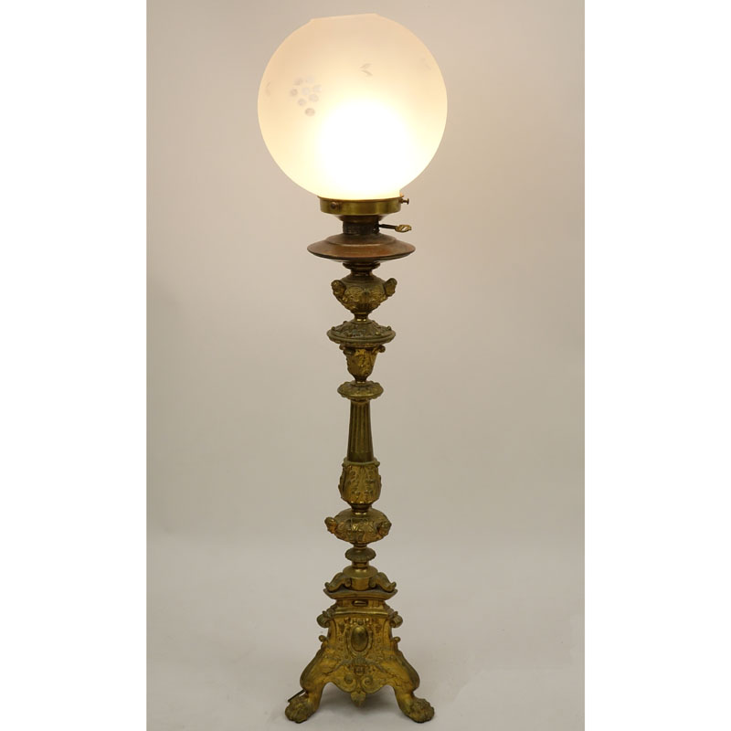 19th Century Gilt Bronze Pricket Stick Mounted as Lamp with Frosted Glass Shade