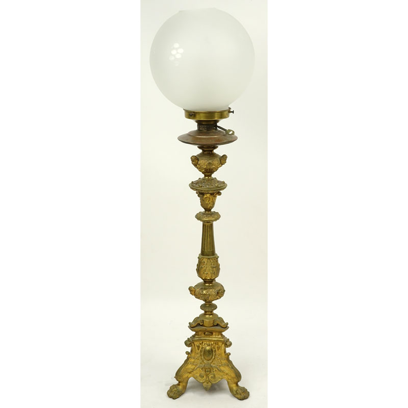 19th Century Gilt Bronze Pricket Stick Mounted as Lamp with Frosted Glass Shade