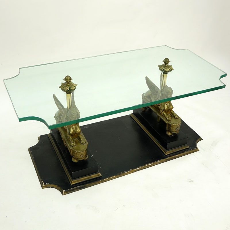 Mid Century Egyptian Revival Bronze, Wood, and Glass Top Coffee Table