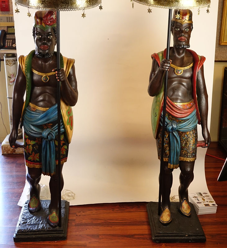 Pair of 20th Century Polychrome Wood and Brass Blackamoor Sculptures Mounted as Lamps