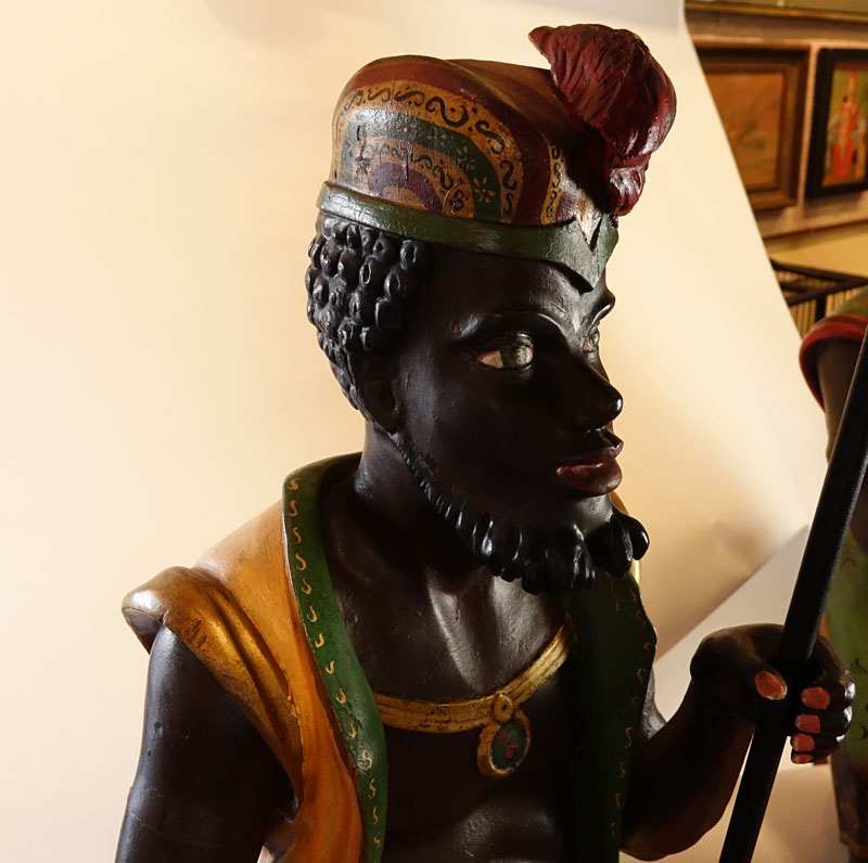 Pair of 20th Century Polychrome Wood and Brass Blackamoor Sculptures Mounted as Lamps