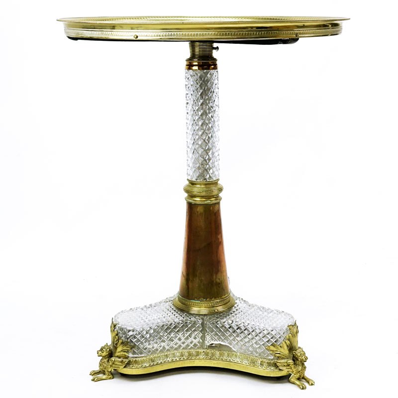 Antique Possibly Baccarat Bronze and Crystal Pedestal Table with Mirrored Top