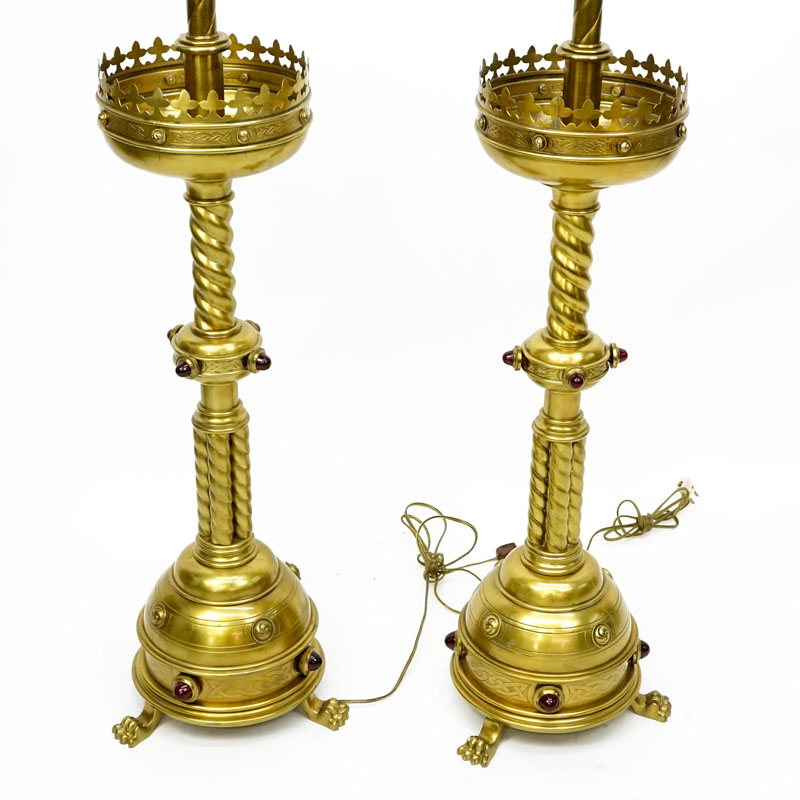 Pair of Late 19th Early 20th Century French Gothic style Bronze Lamps Inlaid with Ruby Colored Glass Jewels