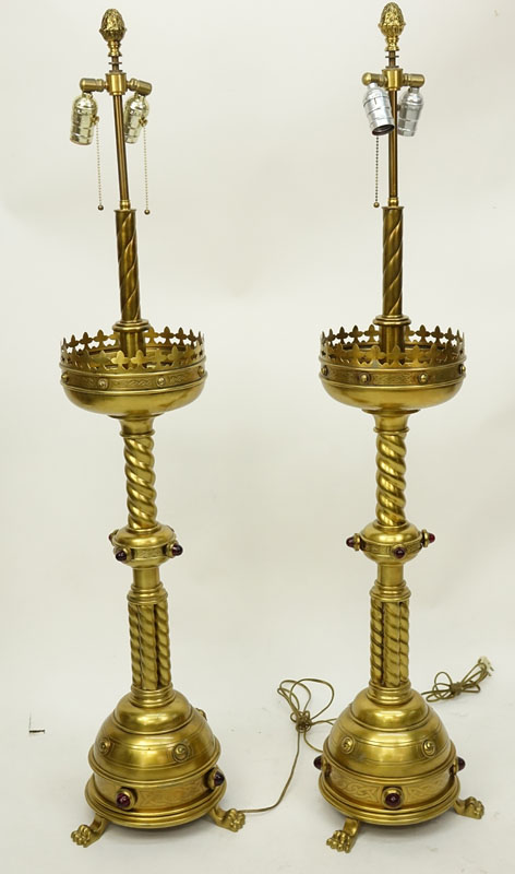 Pair of Late 19th Early 20th Century French Gothic style Bronze Lamps Inlaid with Ruby Colored Glass Jewels