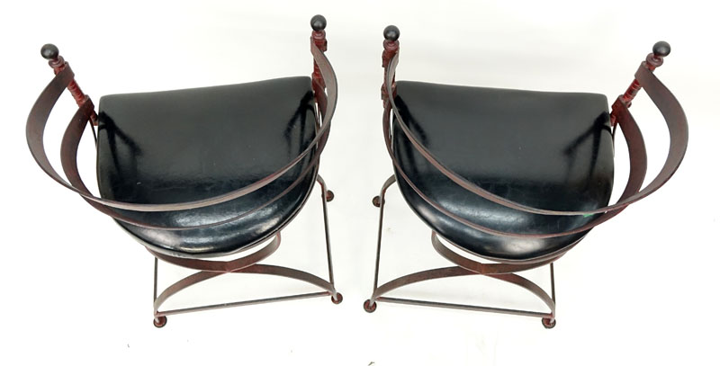 Pair of Mid Century Wrought Iron Bar Stools with Black Vinyl Seats