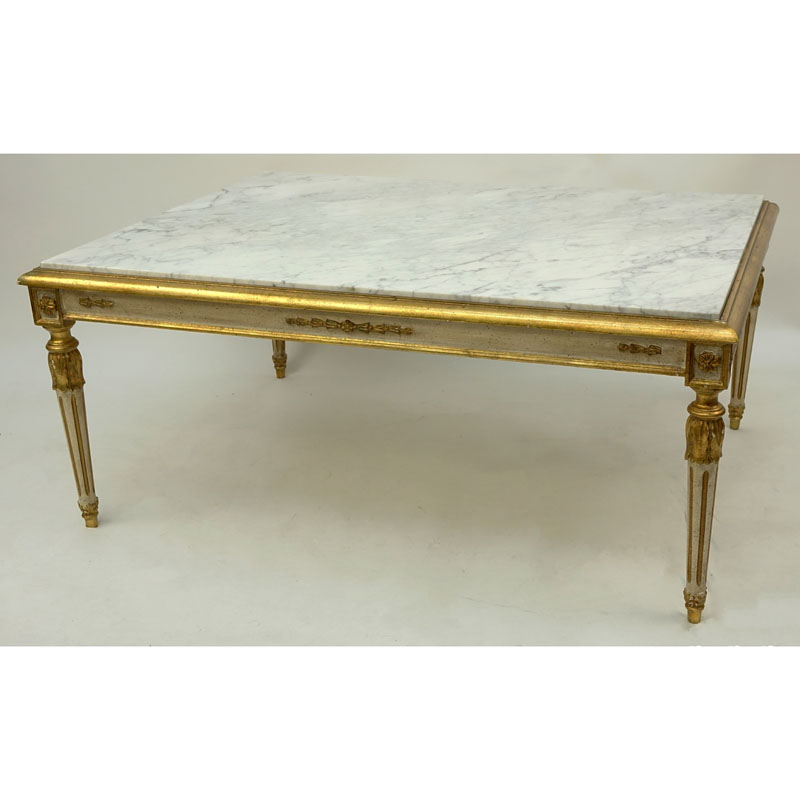 Mid Century Italian Carved Louis XVI Style Florentine Marble Top Coffee Table