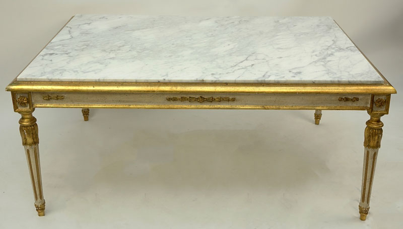Mid Century Italian Carved Louis XVI Style Florentine Marble Top Coffee Table