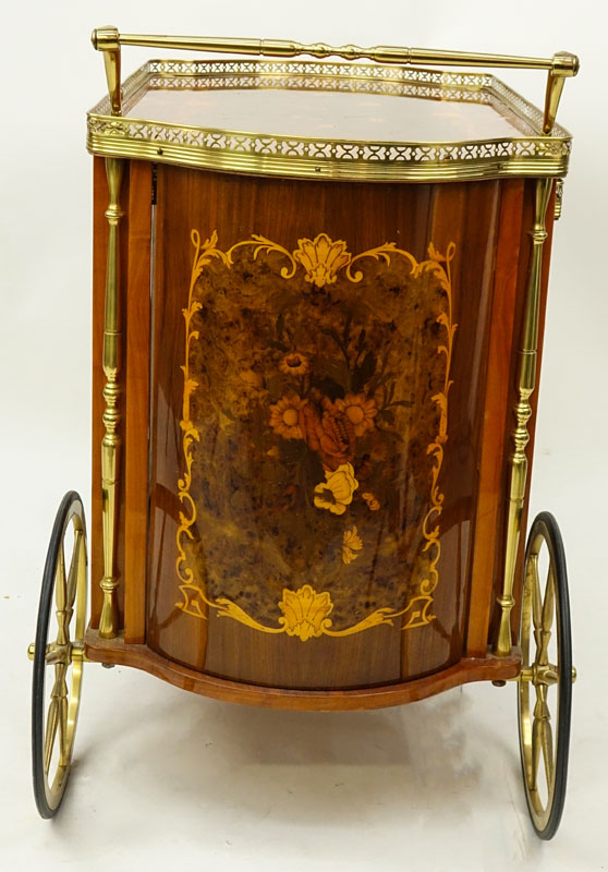 Mid Century Italian Marquetry Inlaid Brass Mounted Lacquered Rolling Tea Cart