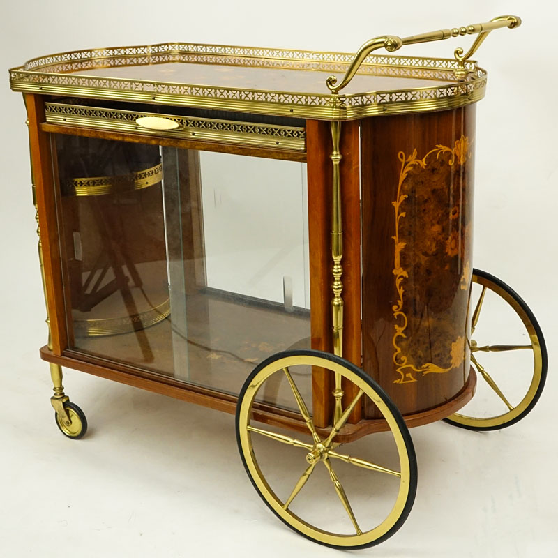 Mid Century Italian Marquetry Inlaid Brass Mounted Lacquered Rolling Tea Cart