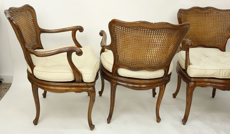 Grouping of Four (4) Vintage Carved Wood Double Cane Arm Chairs