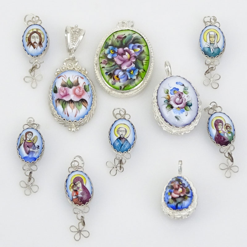 Collection of Ten (10) Russian Porcelain and White Metal Pendants