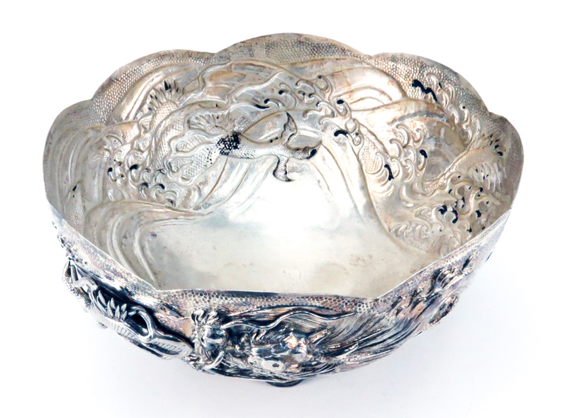 Antique Japanese Sterling Silver High Relief Dragon  Bowl