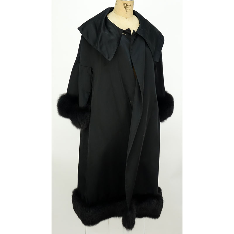 Lady's Vintage Black Silk Evening Coat with Fox Trim