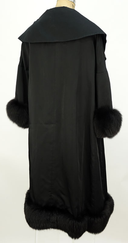 Lady's Vintage Black Silk Evening Coat with Fox Trim