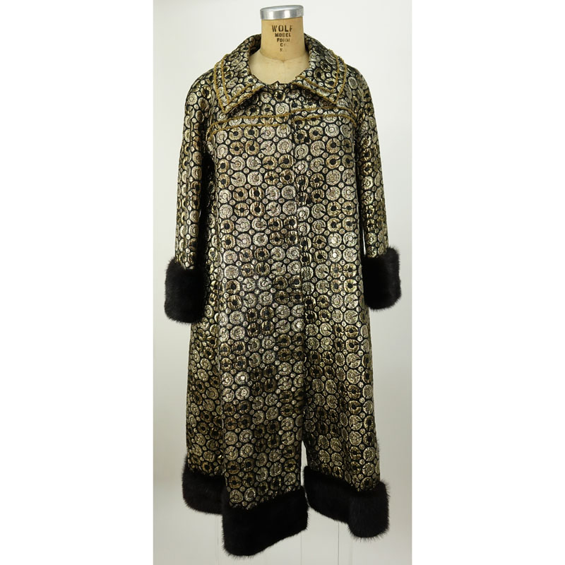 Lady's Vintage Vinchi Hand Tailored Hong Kong Brocade Evening Coat with Ranch Mink Trim