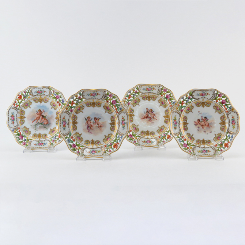 Four (4) Antique Dresden Reticulated Painted Porcelain Plates with Raised Gilt Decoration