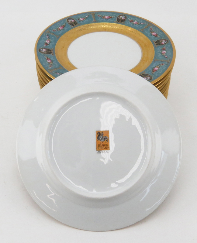 Twelve (12) 20th Century Black Knight Porcelain Dessert Plates with Raised Gilt Decoration