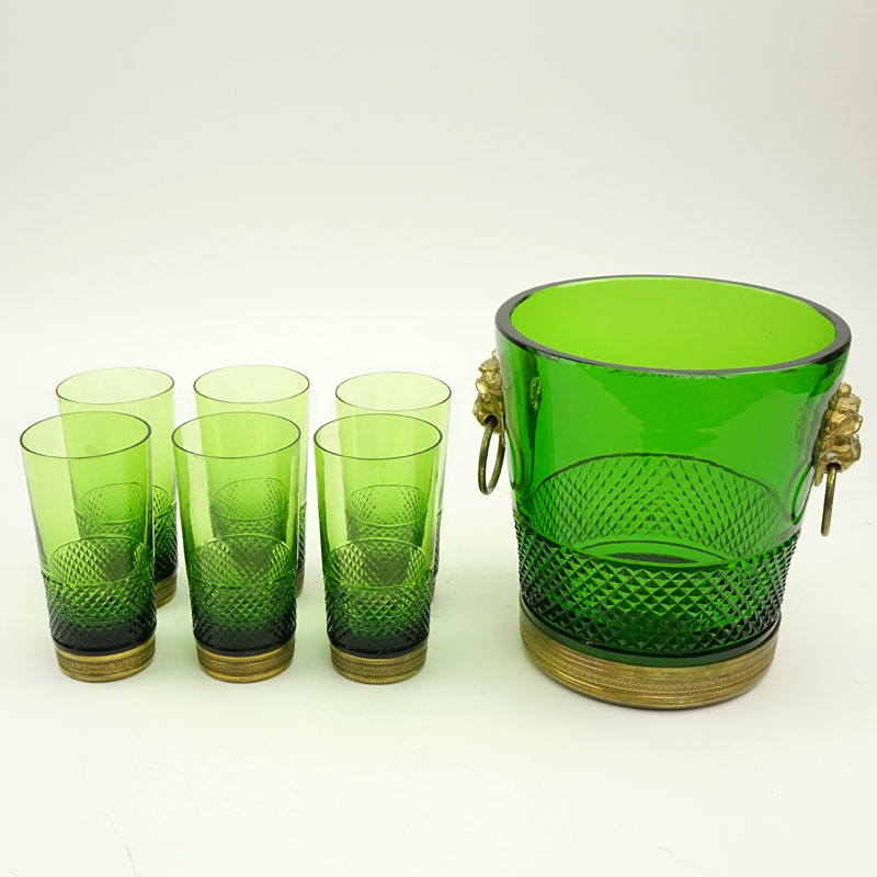 Vintage Bronze Mounted  Green Cut Glass Ice Bucket With 6 Matching Tumblers