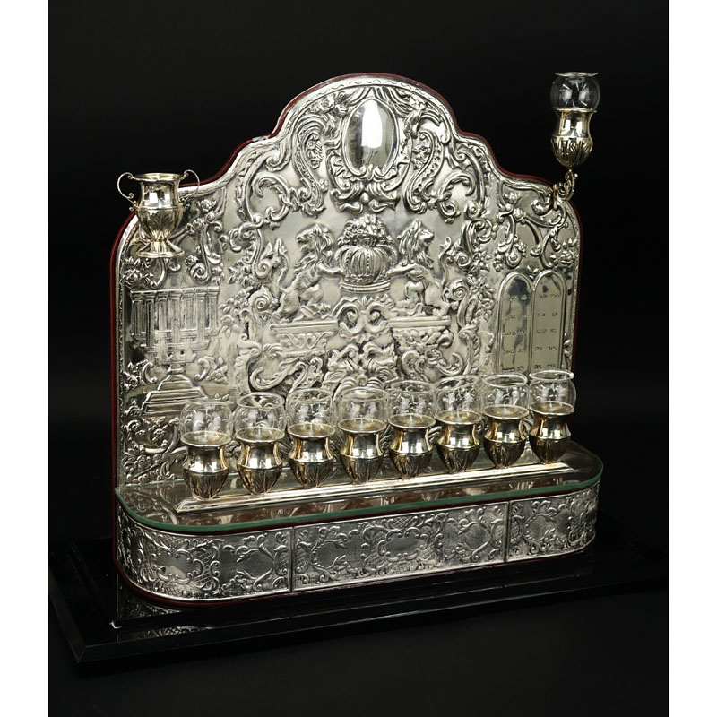 A Fine Sterling Silver Menorah On Lucite Stand With Cover