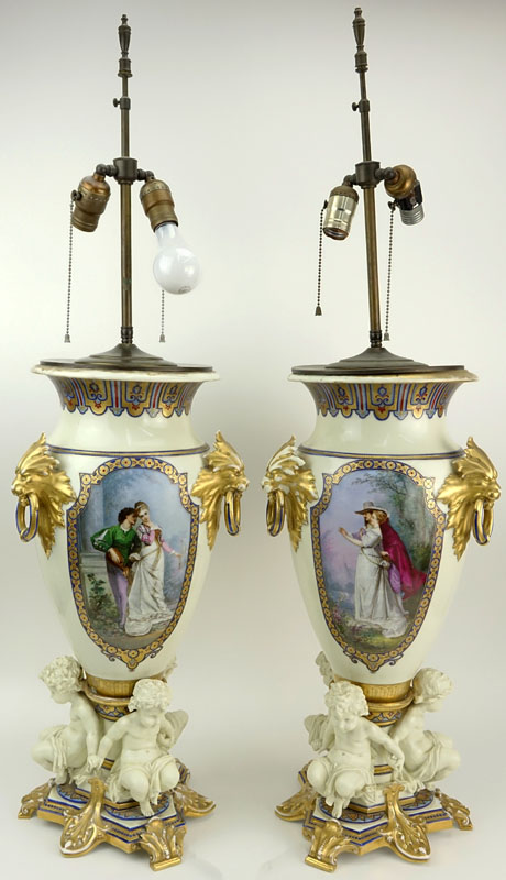 Pair of Old Paris Figural  Vases Now As Lamps