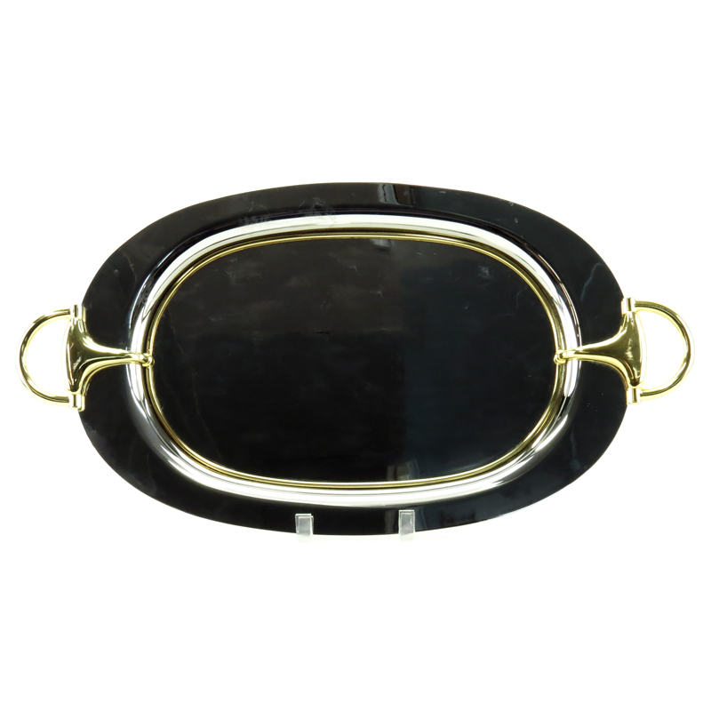 Vintage Gucci Italy Silver Plate and Brass Mounted Oval Tray